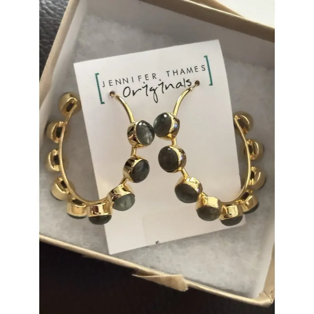 Gold Filled and Genuine Labradorite Hoop Earrings Made By Mississippi Artisan - Picture 2 of 6